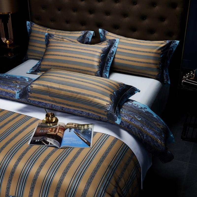 Carol Damask And Striped Printed Cotton Silky Egyptian Cotton Bedding Set