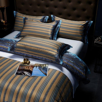 Carol Damask And Striped Printed Cotton Silky Egyptian Cotton Bedding Set