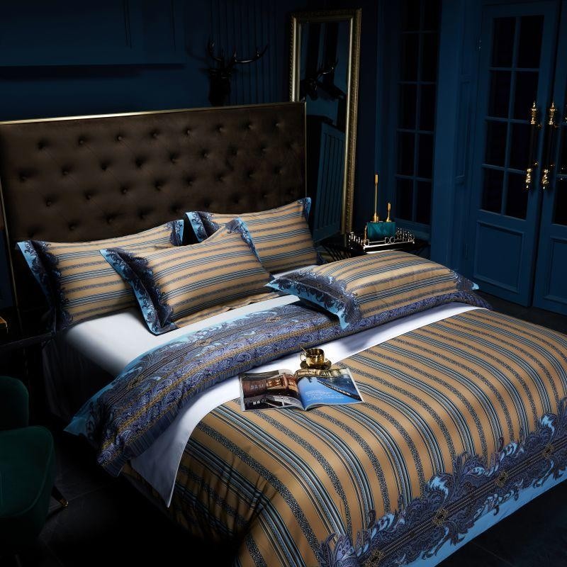 Carol Damask And Striped Printed Cotton Silky Egyptian Cotton Bedding Set