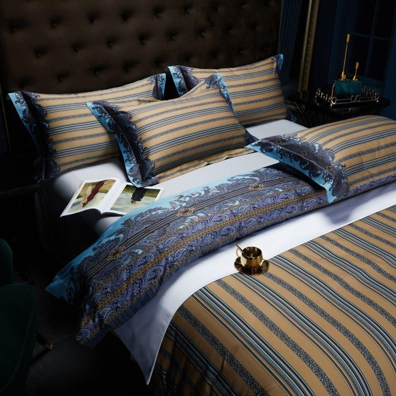Carol Damask And Striped Printed Cotton Silky Egyptian Cotton Bedding Set