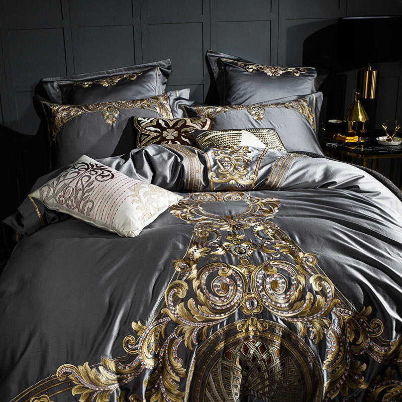 Lezkira Vibrant Grey Luxury Egyptian Cotton Embroidery Bedding Set
