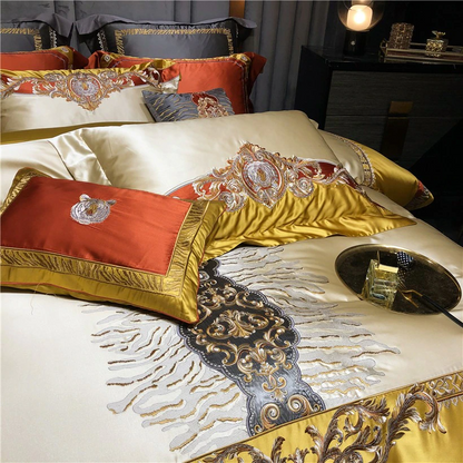 Daniella Gold Damask Embroidered Satin Egyptian Cotton Bedding Set