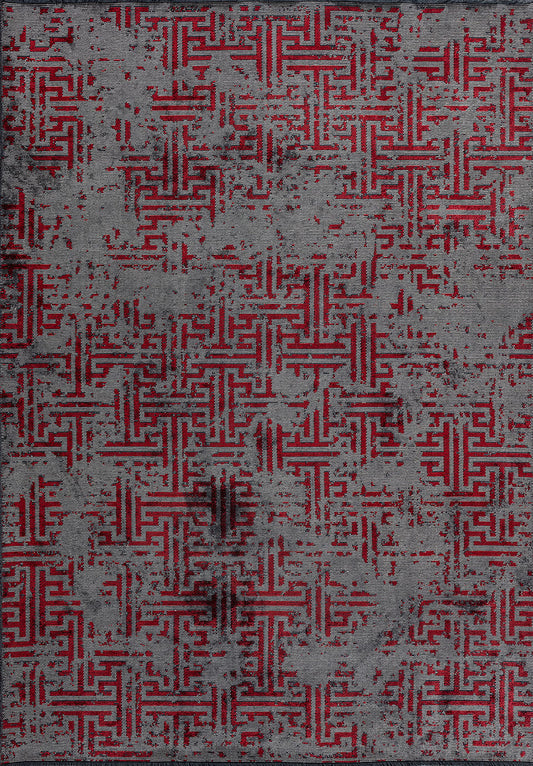Labyrinth Grey - Red Rug