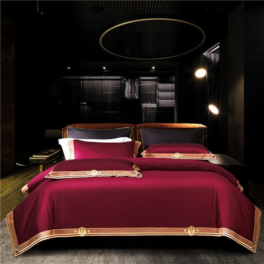 Anahi Red Embroidered Motif Border Egyptian Cotton Bedding Set