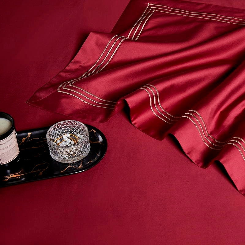 Leila Red Embroidered Edge Egyptian Cotton Bedding Set