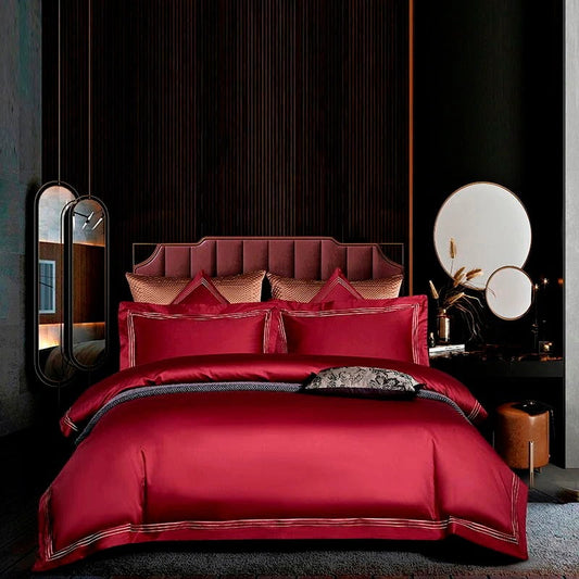 Leila Red Embroidered Edge Egyptian Cotton Bedding Set