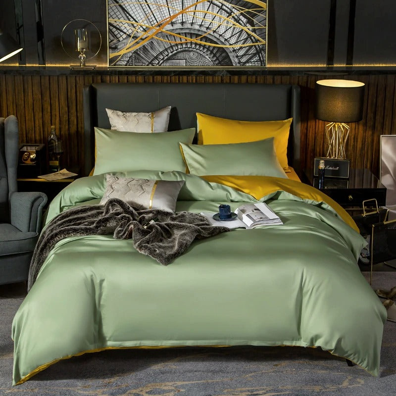 Shemir Light Green Gold Reversible Egyptian Cotton Bedding Set