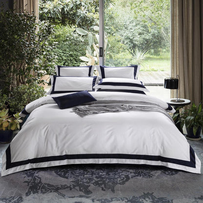 Degella Dark Blue Stripe Egyptian Cotton Luxury White Bedding Set