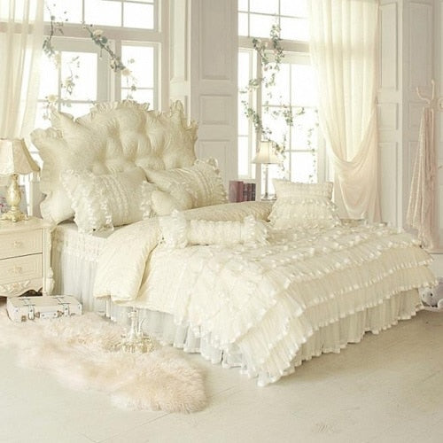 Aaliyah Triple Layered Ruffled Cotton Lace Bedding Set