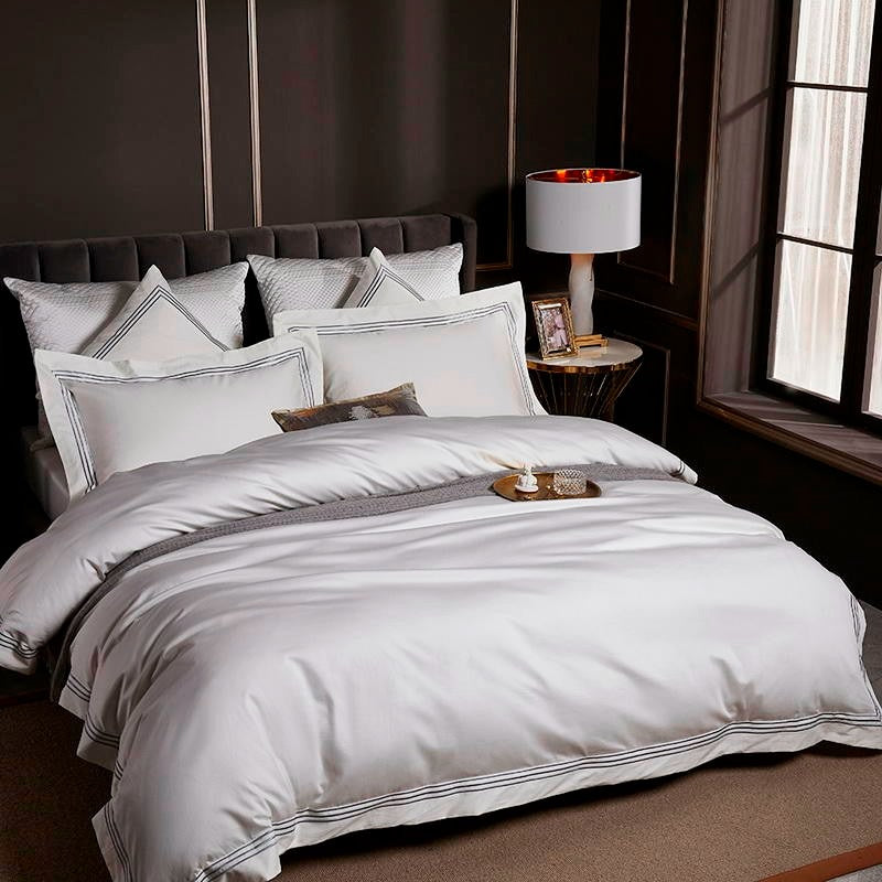 Leila White Embroidered Edge Egyptian Cotton Bedding Set