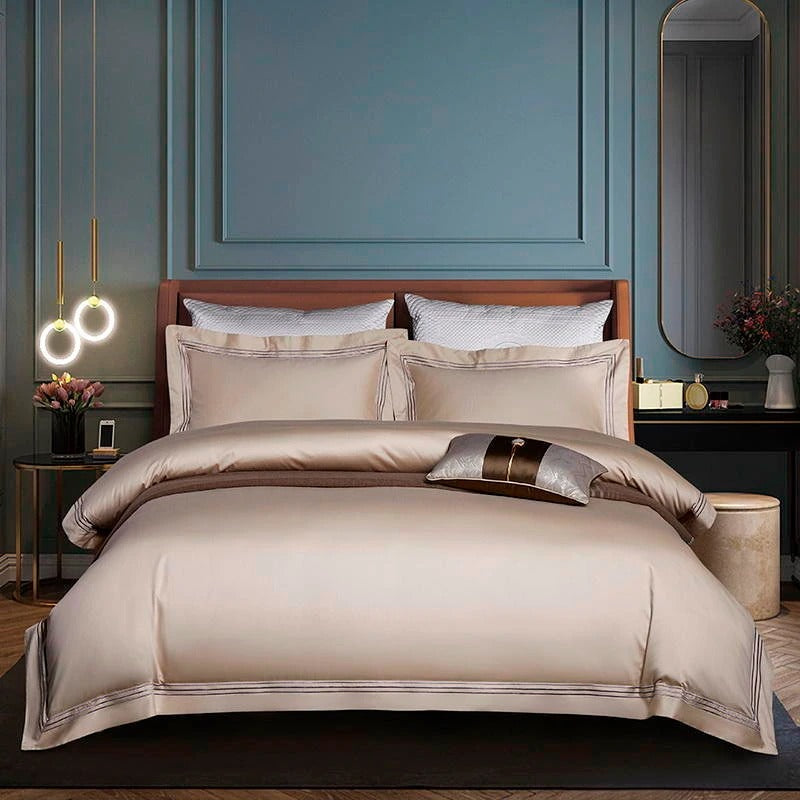 Leila Kilim Beige Embroidered Edge Egyptian Cotton Bedding Set