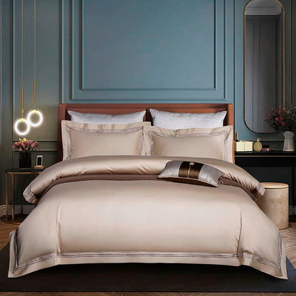 Leila Kilim Beige Embroidered Edge Egyptian Cotton Bedding Set