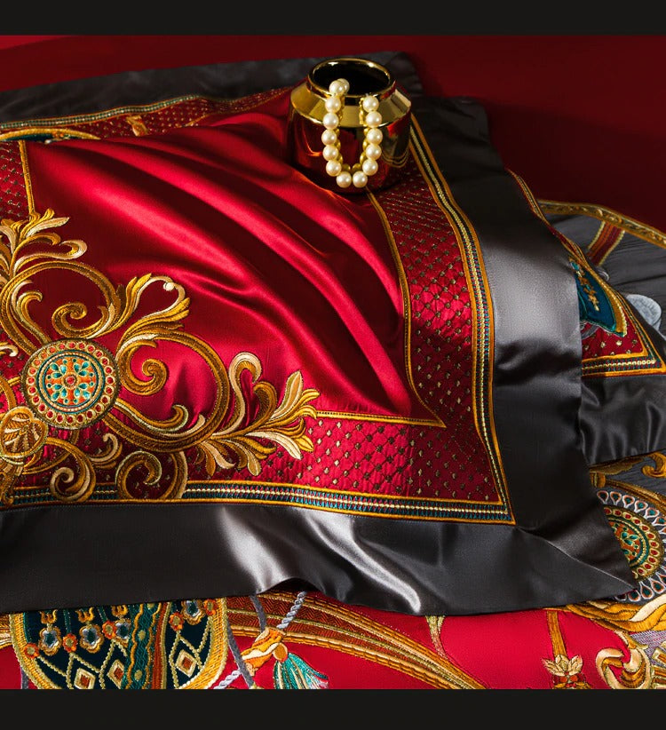 Niki Red Egyptian Cotton Embroidered Bedding Set
