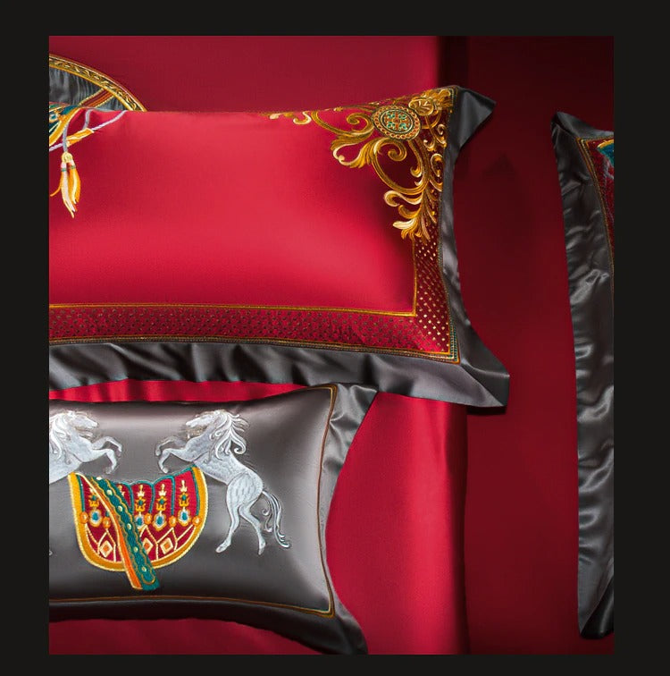 Niki Red Egyptian Cotton Embroidered Bedding Set