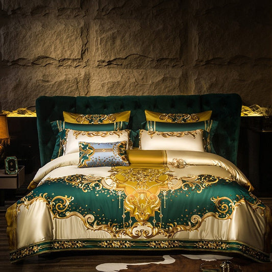 Rosalee Royal Gold And Green Embroidered Egyptian Cotton Bedding Set